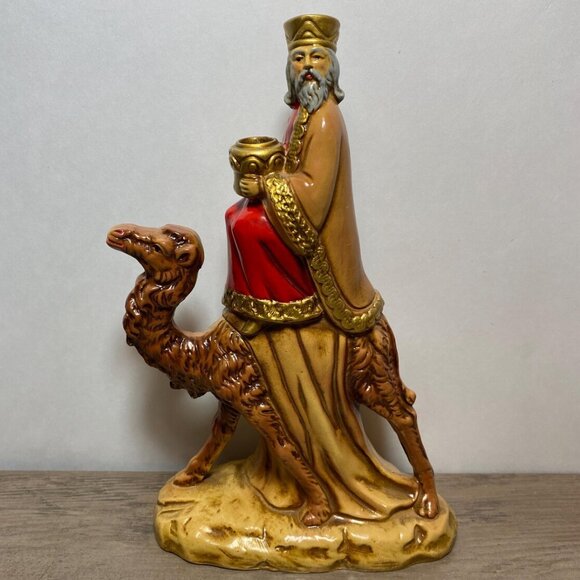 Vintage Japan Plasterware Candle Holder Wise Man Camel Christmas Decor - Picture 1 of 8